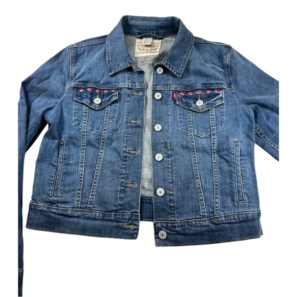 Levi’s Women’s Cropped Blue Denim Jean Jacket – Size L Red Embellished Detail - Picture 2 of 10